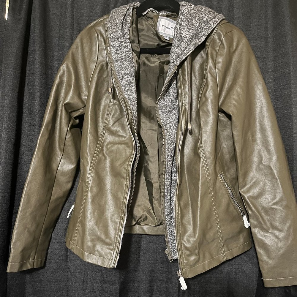Olive Imitation Leather Jacket with sweatshirt style faux lining.